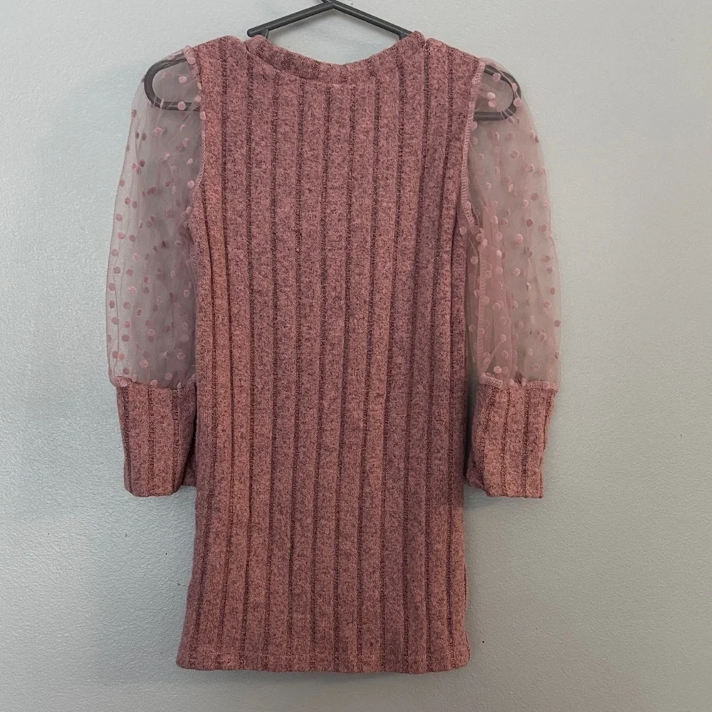 Pink Ribbed Top with Sheer Polka Dot Sleeves